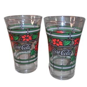 Vintage Coca-Cola Holiday Stained Glass Poinsettia Glasses Lot of 2 Tumblers